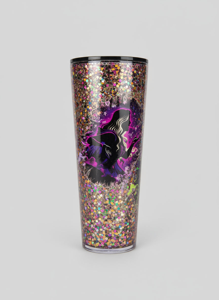 24 OZ glow in the dark glitter and wrap Sanderson sisters with black lid and straw
