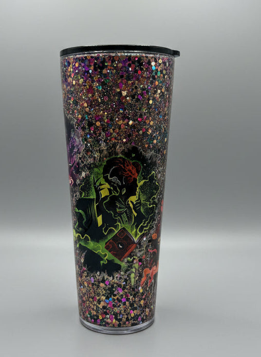 24 OZ glow in the dark glitter and wrap Sanderson sisters with black lid and straw