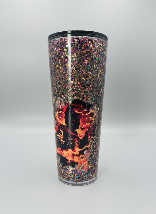 24 OZ glow in the dark glitter and wrap Sanderson sisters with black lid and straw